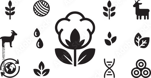 Collection of black icons representing organic materials sustainability and natural resources including cotton plants water drops yarn goats dna and recycling on a white background
