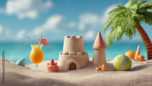Sandcastle and Tropical Drink on Sandy Beach, Representing Summer Vacation and Leisure Lifestyle, Perfect for Travel and Hospitality Marketing Campaigns : Generative AI