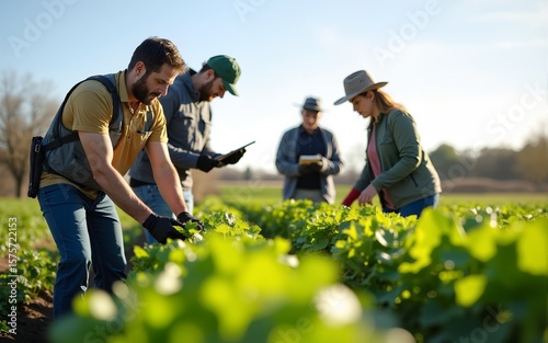 Inspectors examining crops in organic farm field, verifying certification standards. High quality