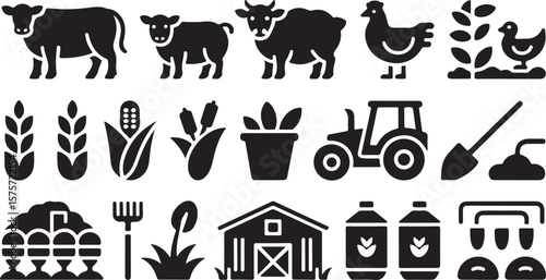 Collection of black farm icons including cows sheep chickens crops tractor barn shovel fork and milk jugs on a white background