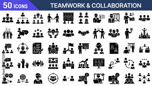 Set of Teamwork & Collaboration Glyph Icons. Includes fully scalable SVG files with currentColor support for effortless customization in light and dark mode interfaces. Designed to stand out in UI/UX 