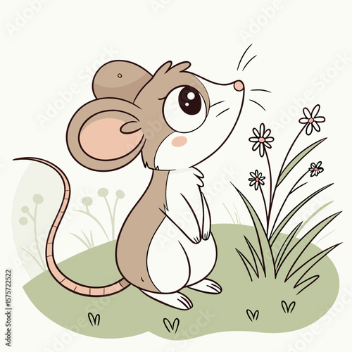 Adorable Cartoon Mouse Gazing at Flowers: Sweet, Gentle, Childlike Illustration