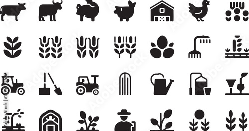 Collection of black farm and agriculture icons including animals plants tractor barn and farming equipment on a white background