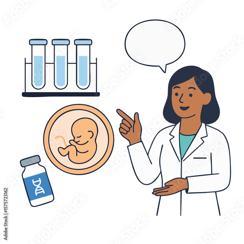 Vector illustration of a female doctor explaining hormonal balance with medical icons.
