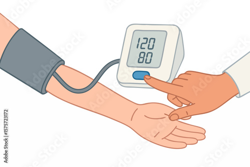 Vector illustration of a doctor measuring blood pressure on a patient’s arm.
