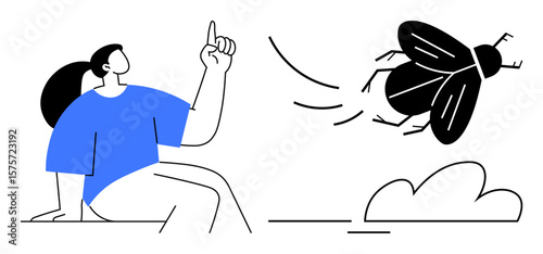 Woman seated on ground, pointing upward at a flying insect in simple black and blue design. Ideal for observation, curiosity, nature, environment, mindfulness, insect studies, simple flat metaphor