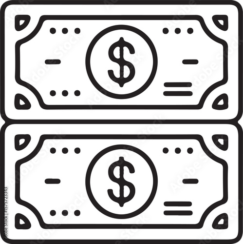 Stylized black and white outline icon representing two stacked dollar bills with a prominent dollar sign in a circle on each bill