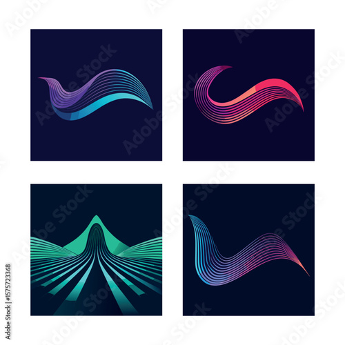 Set of 4 Minimalist Abstract Gradient Line Wave Posters on Dark Background