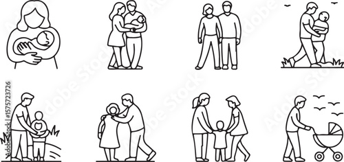 A collection of simple line art icons depicting various family moments including a mother holding a baby a couple with a newborn and parents with children of different ages