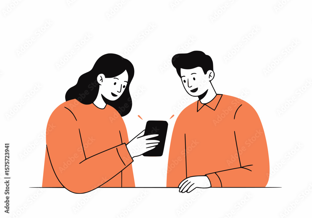 Fototapeta premium Colleague showing something on mobile to teammate, black outline and solid peach fill,white background.