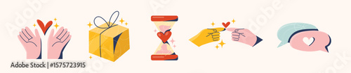 Love language set physical touch, love letter, gift, bouquet, acts of service, words, and tickets, quality time. Flat cartoon vector illustration Valentine's Day concept.