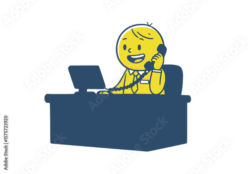 receptionist answering call at front desk, black outline and solid lemon fill, white background.