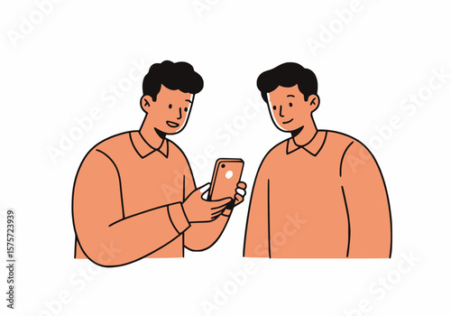 Colleague showing something on mobile to teammate, black outline and solid peach fill, white background