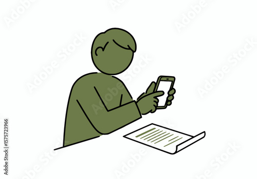 Employee scanning document with mobile camera, black outline and solid khaki fill,white background