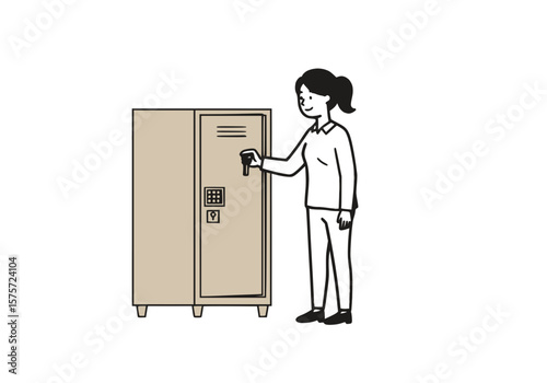 Intern opening office locker with key, black outline and solid beige fill,white background