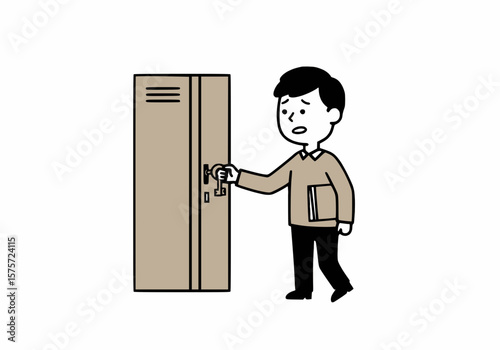 Intern opening office locker with key, black outline and solid beige fill, white background
