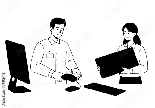 IT staff replacing mouse and keyboard, black outline and solid rust fill, white background