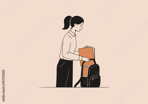 Woman putting files in backpack during lunch break, black outline and solid apricot fill,white background
