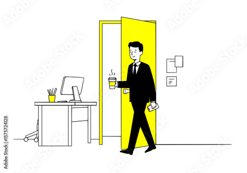 Employee entering office room with coffee in one hand and phone in another, black outline and solid canary yellow fill,white background
