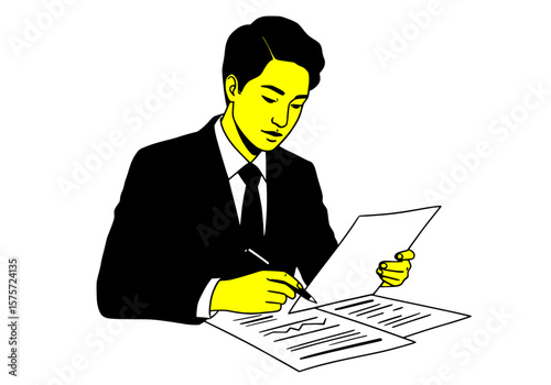 Manager reviewing project notes with pen in hand, black outline and solid deep purple fill, white background