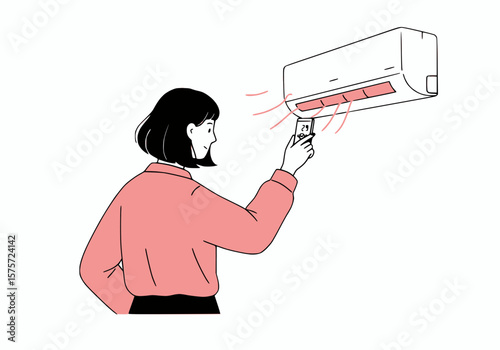 Woman adjusting office air conditioner settings, black outline and solid pastel pink fill, white background