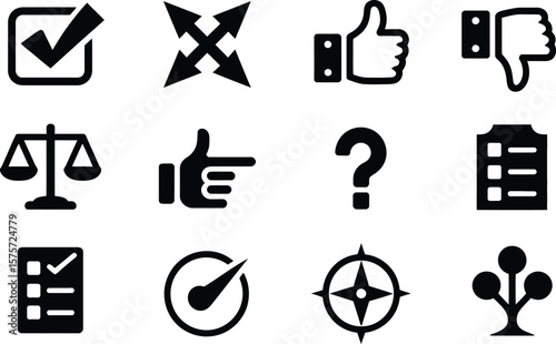 Black and White Icon Set: Checkmark Arrows Thumbs Up Down Scales Question List Compass