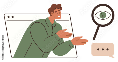 Man gesturing from browser window beside eye magnifier icon and chat bubble, representing focus, analysis, discussion, online interaction, learning, brainstorming, goal setting. Simple flat metaphor