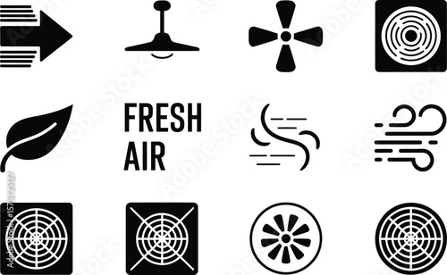 Black and White Air Icons with Arrow Leaf Fan and Fresh Air Text