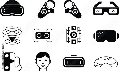 Black and white V R headset controllers and virtual reality icons