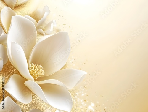 Elegant White Magnolia Flowers on Gold Glitter Background