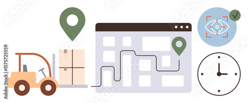 Forklift carrying goods, route map tracking with location markers, delivery confirmation, and a clock for time management. Ideal for logistics, supply chain, delivery systems, transportation, freight