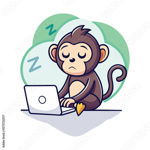 Funny monkey dozing off during Zoom call vector illustration, adorable sleepy animal character in work-from-home office scene, perfect for humor and business concepts.