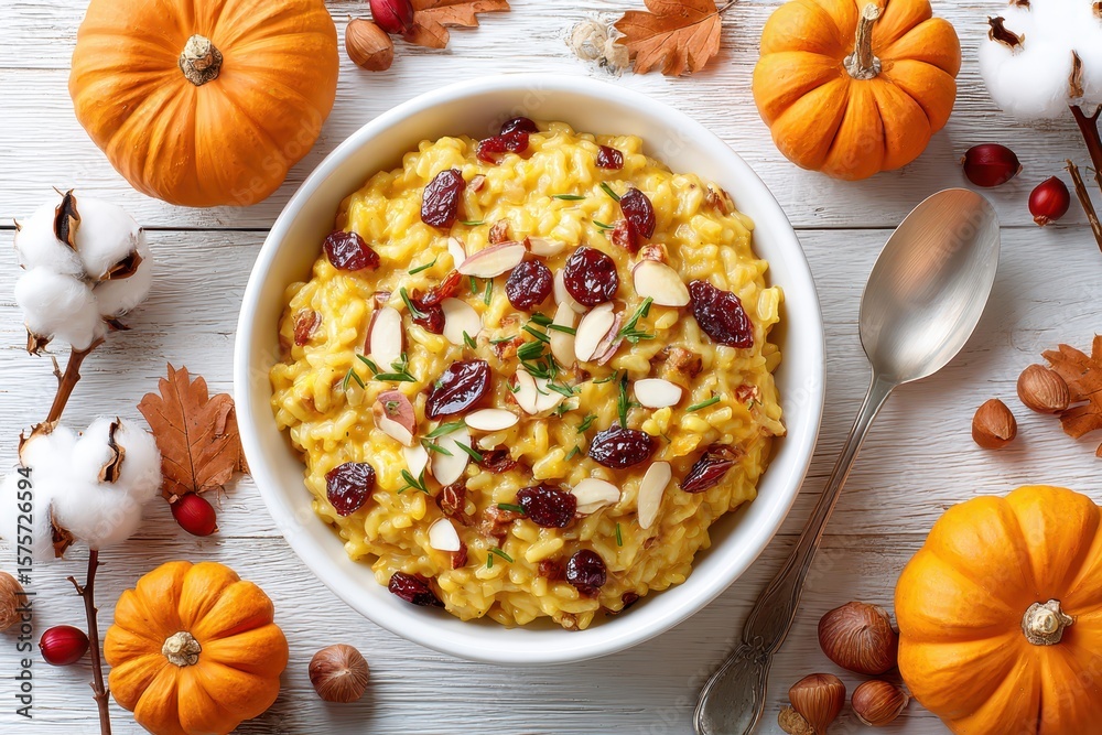 Fototapeta premium Creamy pumpkin risotto garnished with almonds and cranberries on rustic background