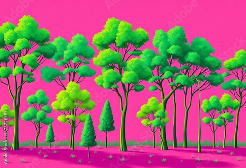 Vibrant green trees on a pink background, vector illustration,  planet,  ecology