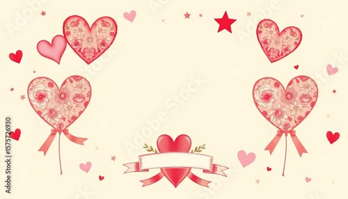 Whimsical vintage hand-drawn floral hearts, stars, & ribbons; perfect for romantic events,  ribbons,  wedding