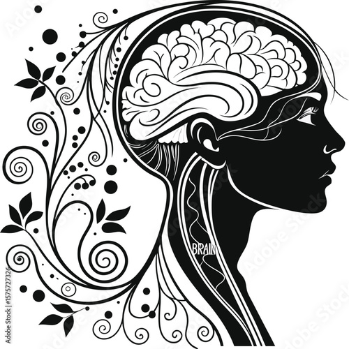 female brain with floral design side face view
