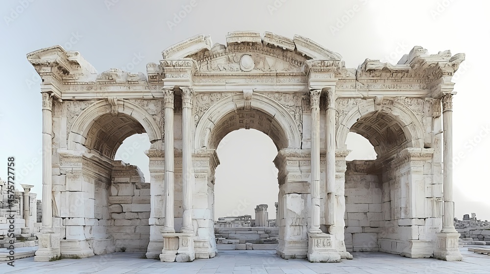 Obraz premium Ancient stone archway ruins against a pale sky.