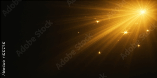 Abstract dark background with glowing golden stars and smooth light rays