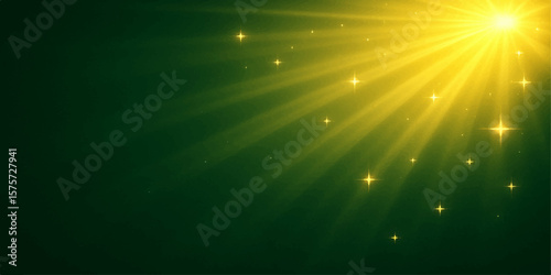 Golden glowing light rays with sparkling stars in dark green abstract background for luxury design

