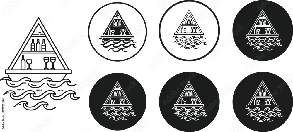 Naklejka premium A triangular shelf with bottles and glasses above waves in circle variations