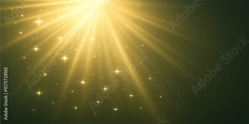 Golden radiant light rays with glowing stars and sparkling effects in abstract bright background

