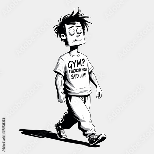 A humorous cartoon of a tired man walking in casual clothes, wearing a t-shirt that says “Gym? I thought you said Jim,” symbolizing laziness, gym excuses, and comic sarcasm.