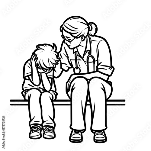A American Assistant comforting upset child. Career Job Profession Occupation Employment Work Clipart Line Art Vector Illustration. Usa helper soothes crying youngster offering support.