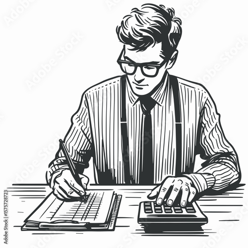 A American Accountant writing ledger entries. Career Job Profession Occupation Employment Work Clipart Line Art Vector Illustration. United states bookkeeper noting transactions in financial.