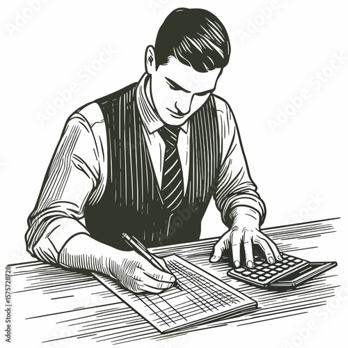 A American Accountant writing ledger entries. Career Job Profession Occupation Employment Work Clipart Line Art Vector Illustration. Usa bookkeeper recording financial transactions.