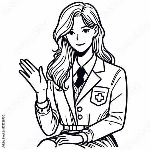 A American Assistant guiding students reading. Career Job Profession Occupation Employment Work Clipart Line Art Vector Illustration. Us tutor aiding pupil learning with text national.