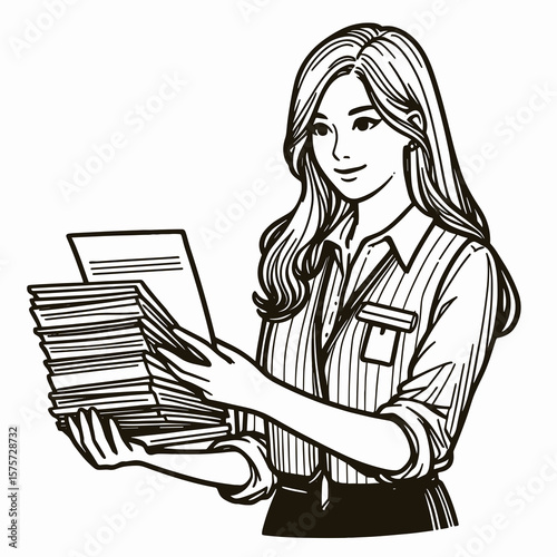 A American Assistant distributing classroom papers. Career Job Profession Occupation Employment Work Clipart Line Art Vector Illustration. usa helper handing out learning documents in class.