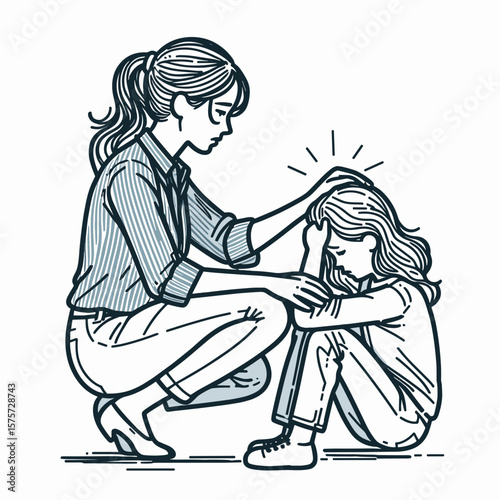 A American Assistant comforting upset child. Career Job Profession Occupation Employment Work Clipart Line Art Vector Illustration. Usa helper consoling sad kid providing solace and ease.