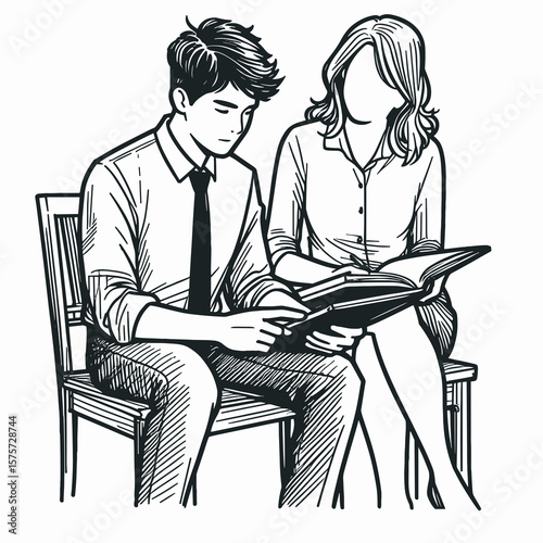 A American Assistant guiding students reading. Career Job Profession Occupation Employment Work Clipart Line Art Vector Illustration. Usa helper aiding pupil learning comprehension lesson.