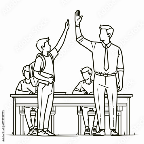 A American Assistant helping student raise hand. Career Job Profession Occupation Employment Work Clipart Line Art Vector Illustration. Usa helper aiding pupil showing palm in school.